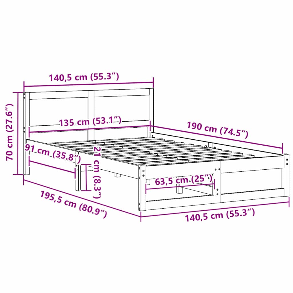 Bedframe met hoofdeinde Wit 135 x 190 cm Massief grenenhout is nu te koop bij PeponiXL, paradijselijk wonen!