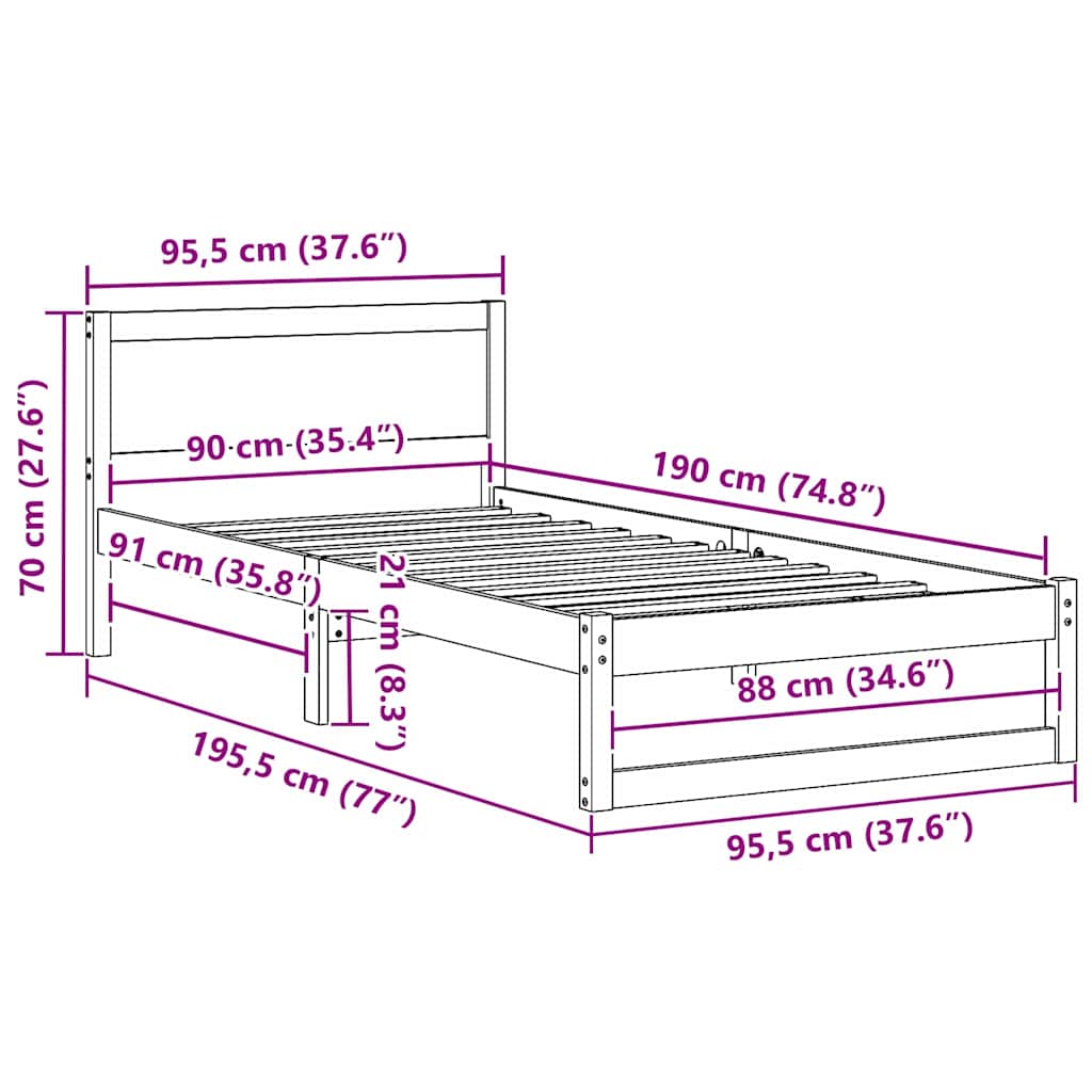 Bedframe met hoofdeinde Wasbruin 90 x 190 cm Massief grenenhout is nu te koop bij PeponiXL, paradijselijk wonen!