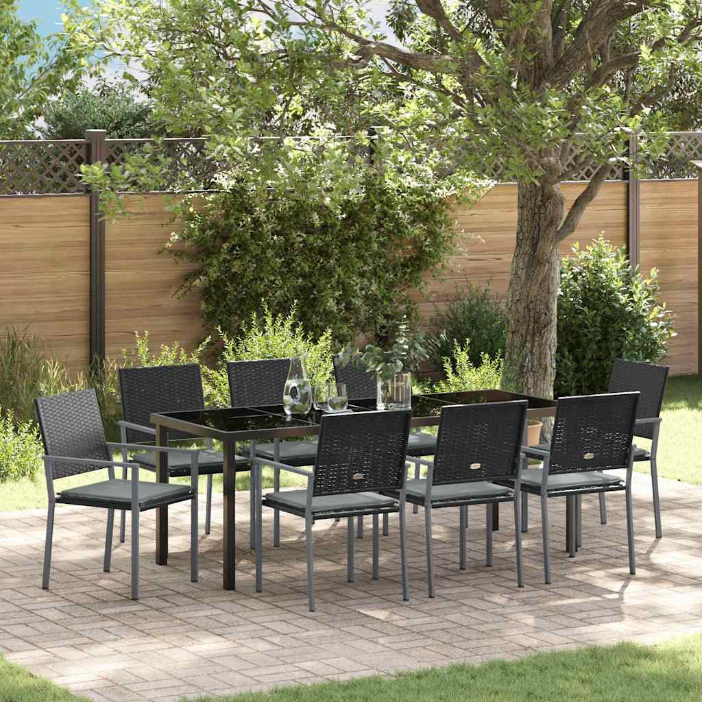 Tuin eettafelset 9 pcs Zwart en Licht Grijs PE Rattan