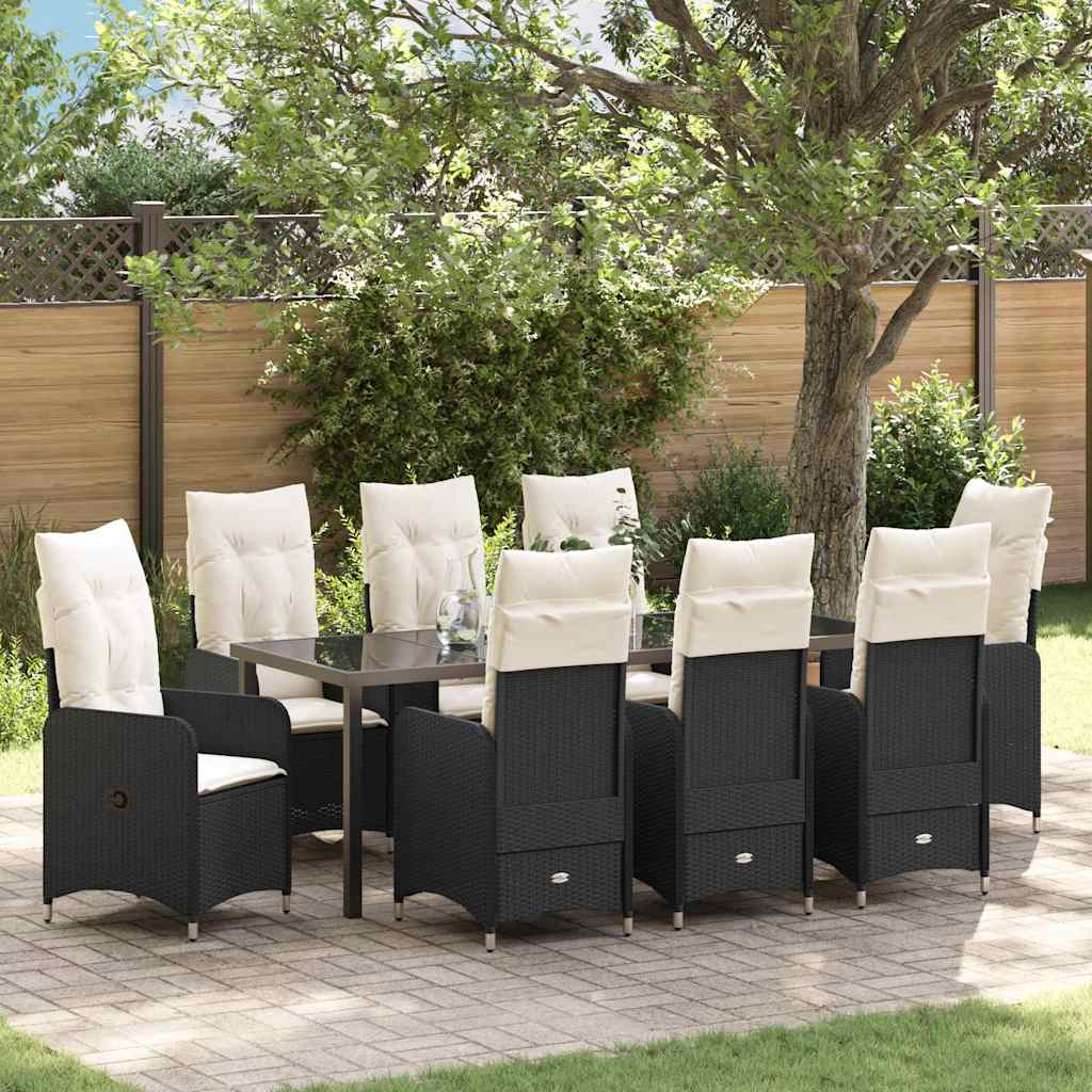 Tuin eettafelset met kussen 9 pcs Zwart poly rattan is nu te koop bij PeponiXL, paradijselijk wonen!