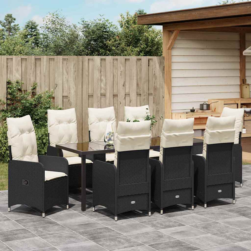 Tuin eettafelset met kussen 9 pcs Zwart poly rattan is nu te koop bij PeponiXL, paradijselijk wonen!