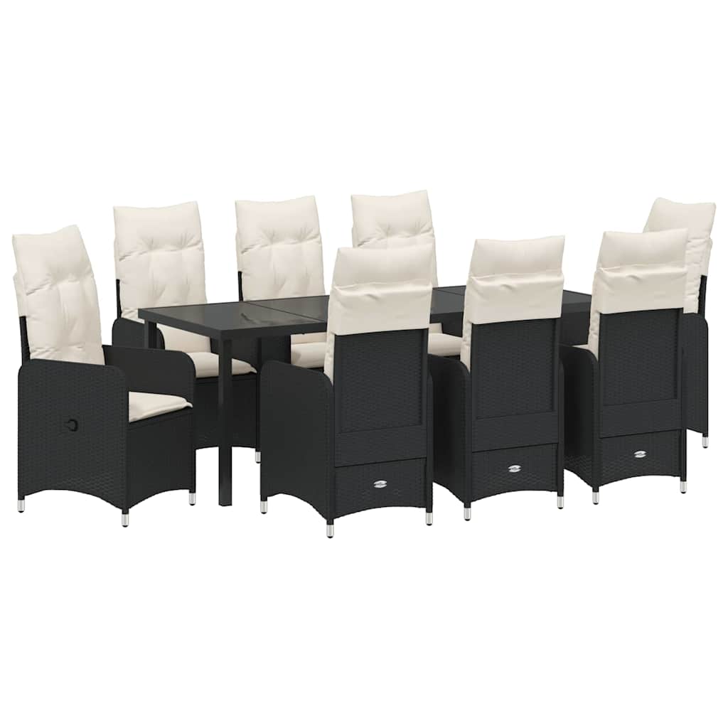 Tuin eettafelset met kussen 9 pcs Zwart poly rattan is nu te koop bij PeponiXL, paradijselijk wonen!