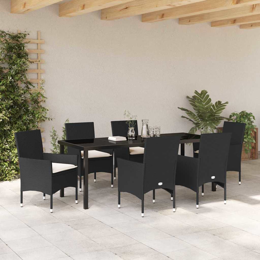 Tuin eettafelset met kussen 7 pcs Zwart poly rattan is nu te koop bij PeponiXL, paradijselijk wonen!