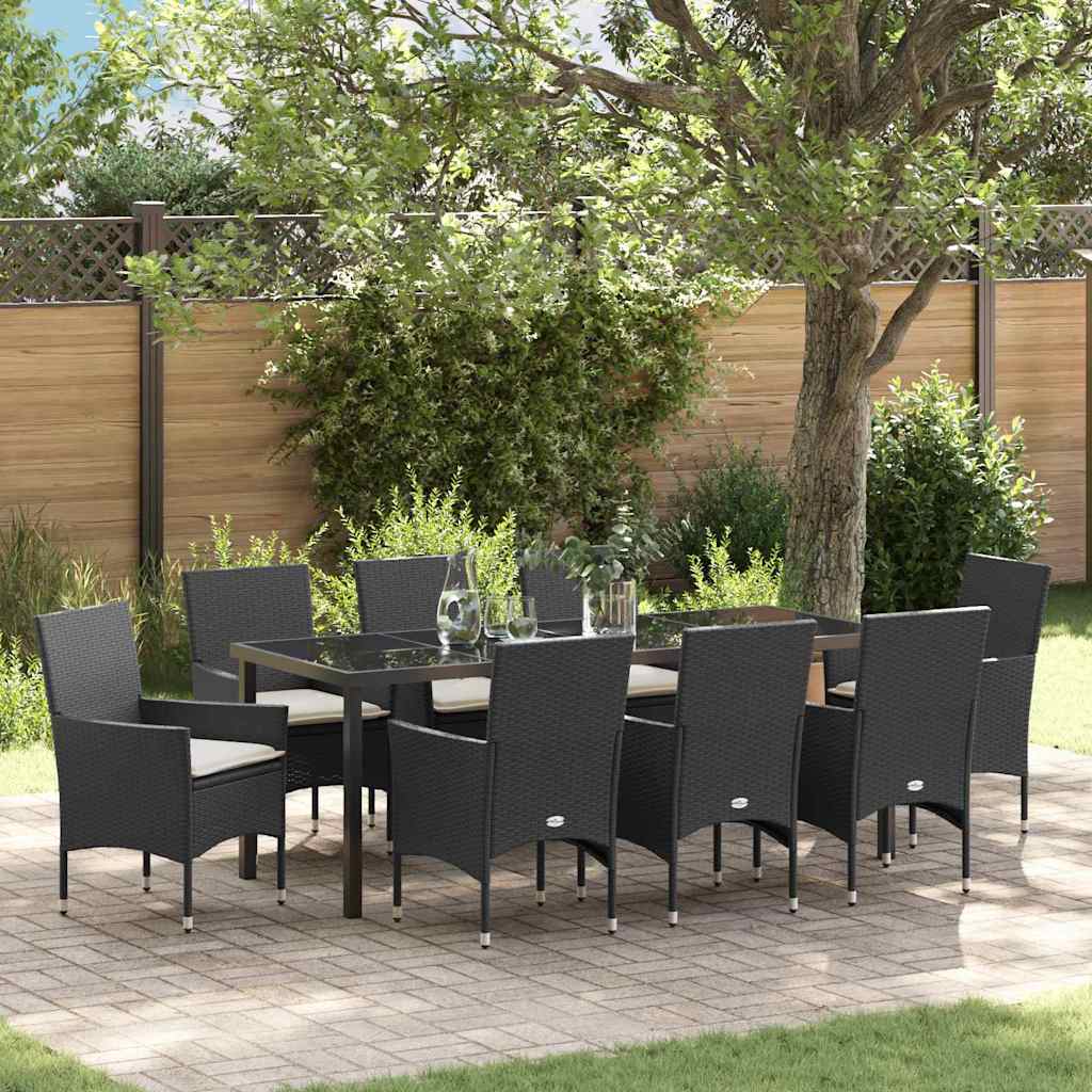Tuin eettafelset met kussen 9 pcs Zwart poly rattan is nu te koop bij PeponiXL, paradijselijk wonen!