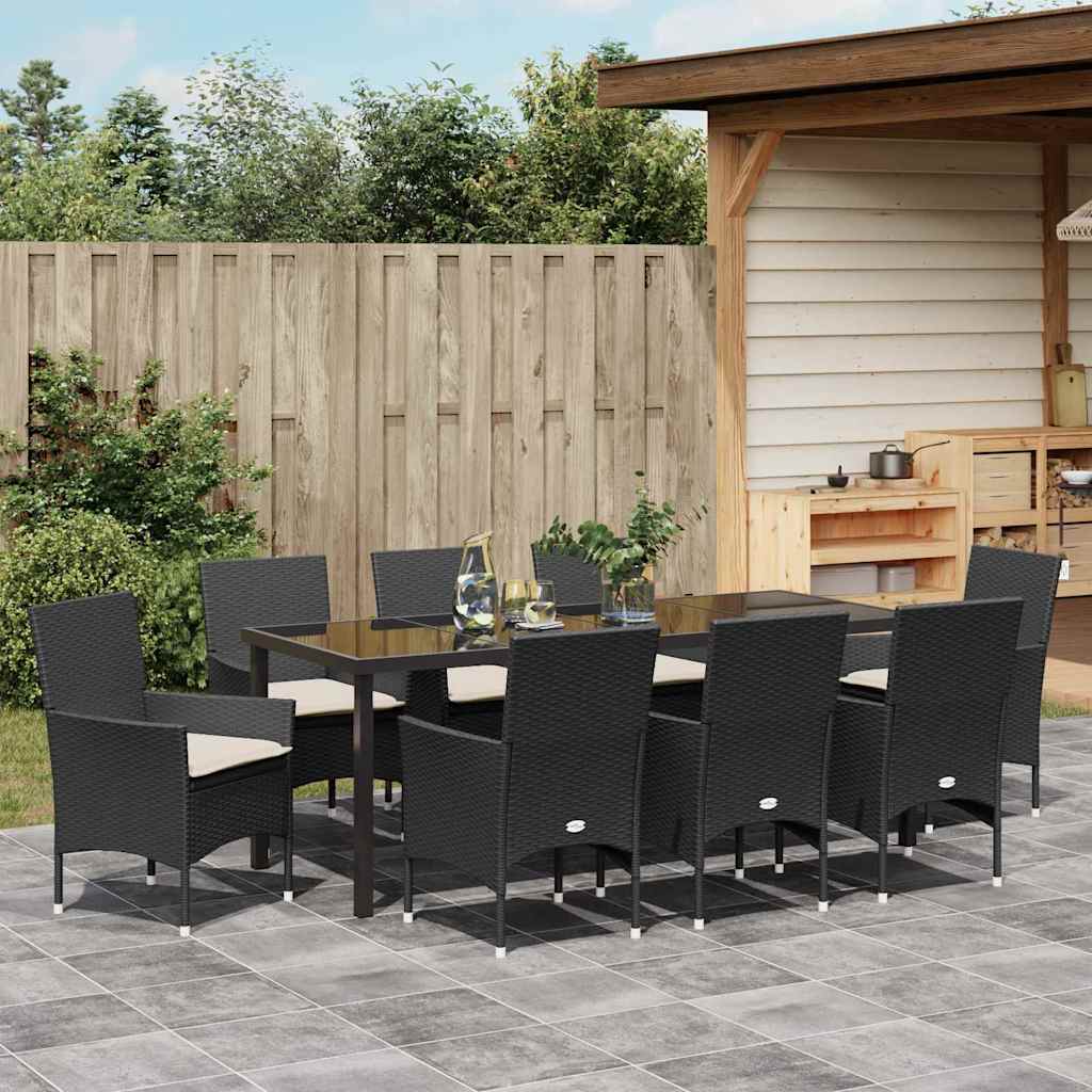 Tuin eettafelset met kussen 9 pcs Zwart poly rattan is nu te koop bij PeponiXL, paradijselijk wonen!