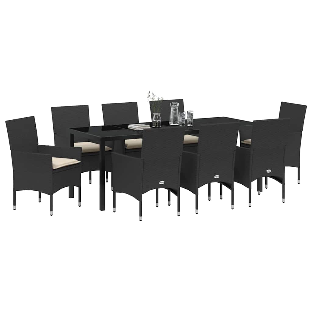 Tuin eettafelset met kussen 9 pcs Zwart poly rattan is nu te koop bij PeponiXL, paradijselijk wonen!