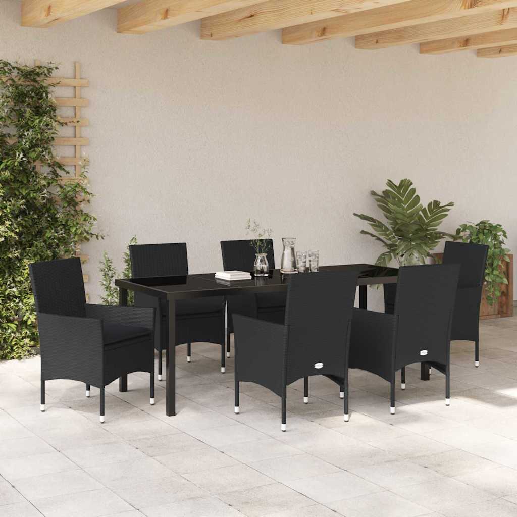 Tuin eettafelset met kussen 7 pcs Zwart poly rattan is nu te koop bij PeponiXL, paradijselijk wonen!