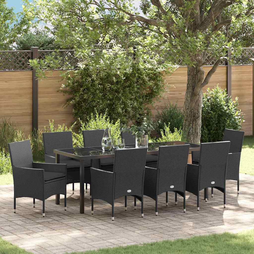 Tuin eettafelset met kussen 9 pcs Zwart poly rattan is nu te koop bij PeponiXL, paradijselijk wonen!
