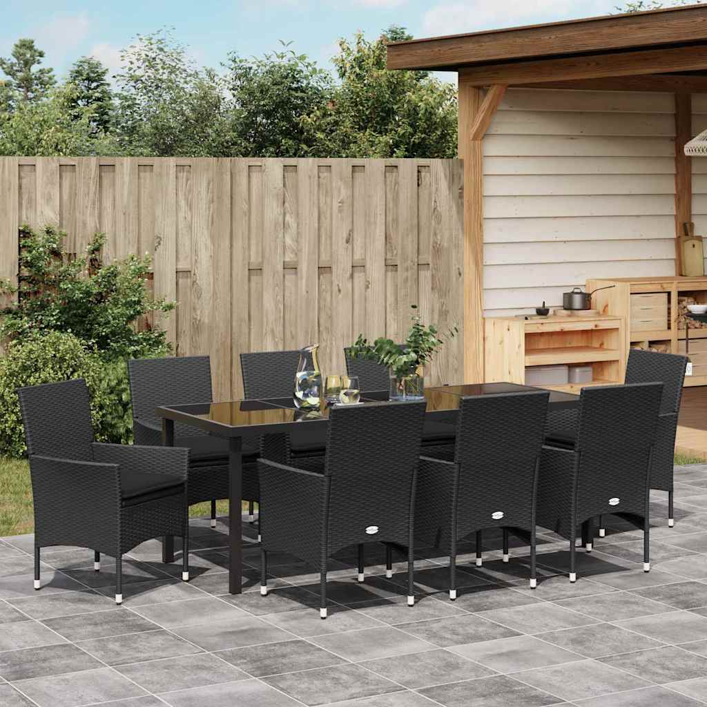 Tuin eettafelset met kussen 9 pcs Zwart poly rattan is nu te koop bij PeponiXL, paradijselijk wonen!