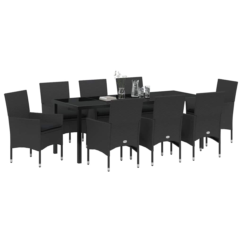 Tuin eettafelset met kussen 9 pcs Zwart poly rattan is nu te koop bij PeponiXL, paradijselijk wonen!