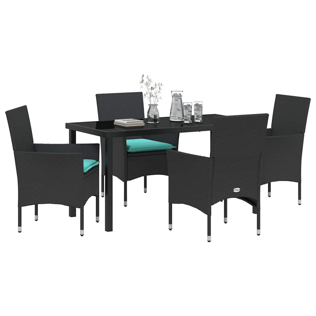 Tafel en stoelen set met kussen 5 pcs Zwart PE Rattan is nu te koop bij PeponiXL, paradijselijk wonen!