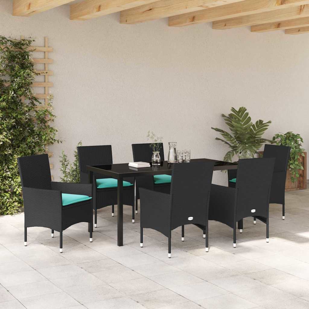 Tafel en stoelen set met kussen 7 pcs Zwart PE Rattan is nu te koop bij PeponiXL, paradijselijk wonen!