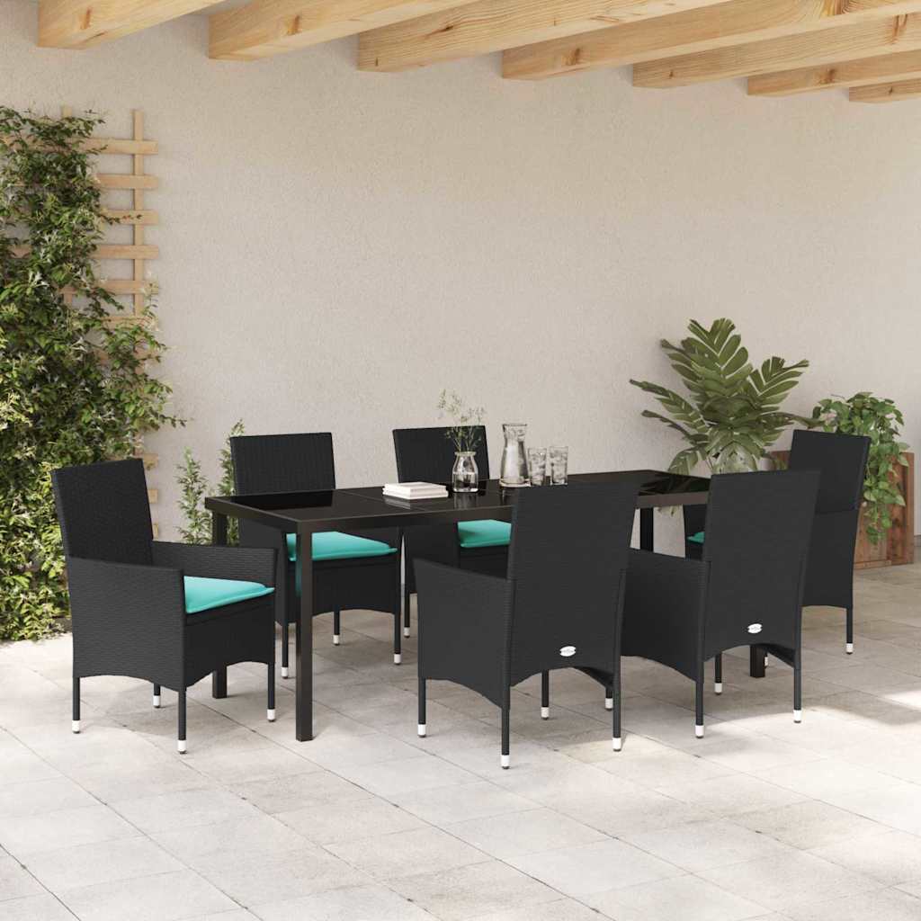 Tafel en stoelen set met kussen 7 pcs Zwart PE Rattan is nu te koop bij PeponiXL, paradijselijk wonen!