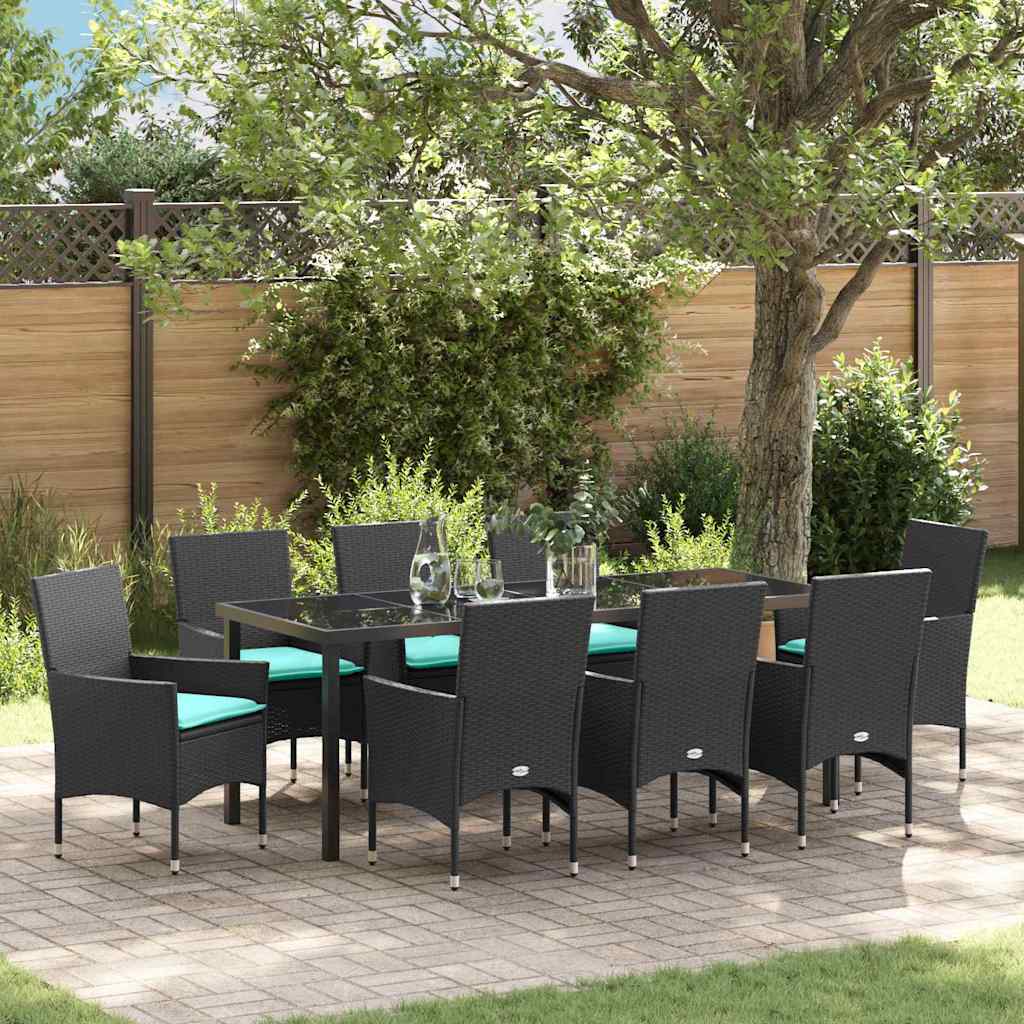 Tafel en stoelen set met kussen 9 pcs Zwart PE Rattan is nu te koop bij PeponiXL, paradijselijk wonen!