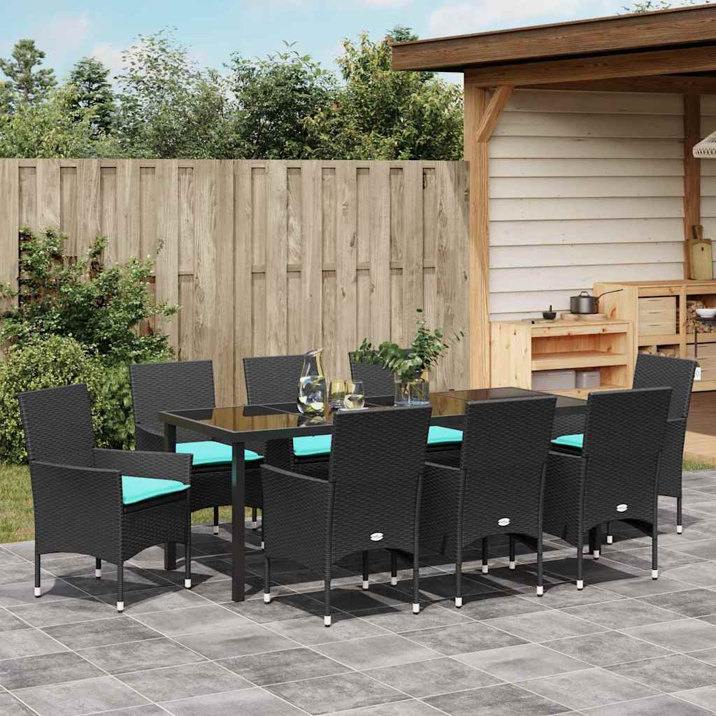 Tafel en stoelen set met kussen 9 pcs Zwart PE Rattan is nu te koop bij PeponiXL, paradijselijk wonen!