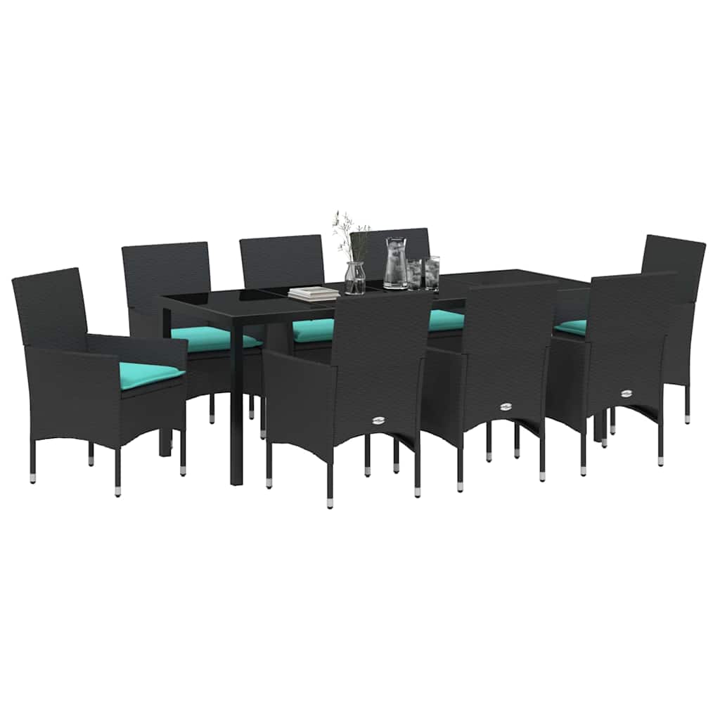 Tafel en stoelen set met kussen 9 pcs Zwart PE Rattan is nu te koop bij PeponiXL, paradijselijk wonen!
