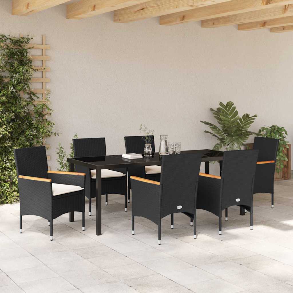 Tuin eettafelset met kussen 7 pcs Zwart poly rattan is nu te koop bij PeponiXL, paradijselijk wonen!