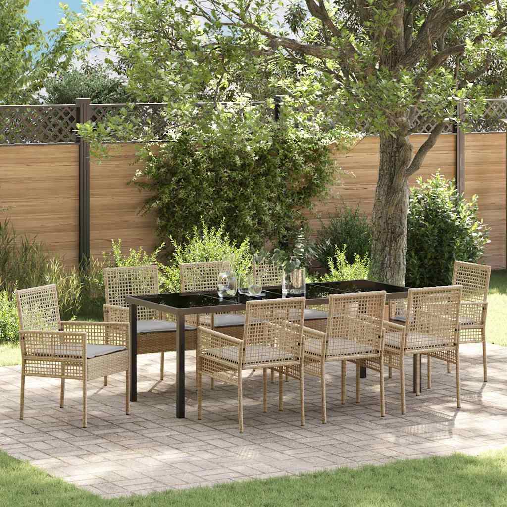 Tuin eettafelset met kussen 9 pcs Beige poly rattan is nu te koop bij PeponiXL, paradijselijk wonen!
