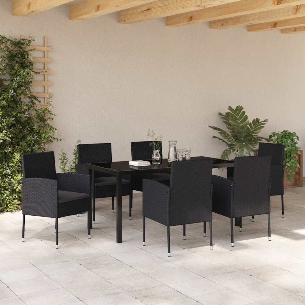 Tuin eettafelset met kussen 7 pcs Zwart poly rattan is nu te koop bij PeponiXL, paradijselijk wonen!