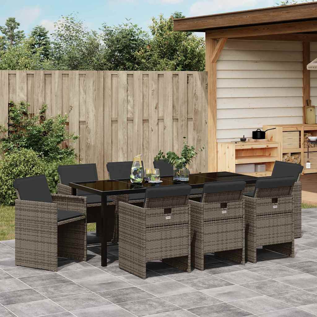 Tuin eettafelset met kussen 9 pcs Grijs poly rattan is nu te koop bij PeponiXL, paradijselijk wonen!