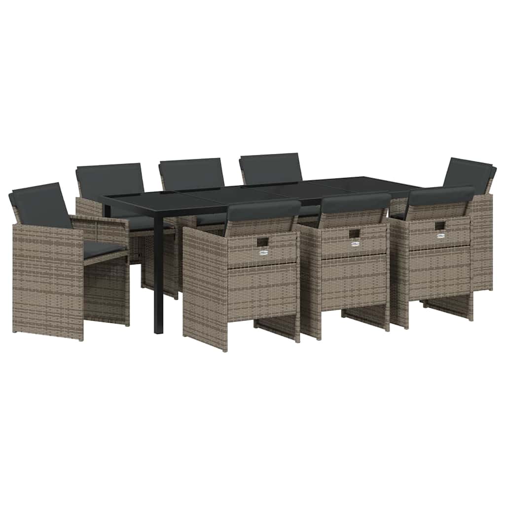 Tuin eettafelset met kussen 9 pcs Grijs poly rattan is nu te koop bij PeponiXL, paradijselijk wonen!
