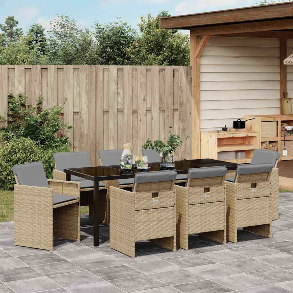 Tuin eettafelset met kussen 9 pcs Beige poly rattan is nu te koop bij PeponiXL, paradijselijk wonen!