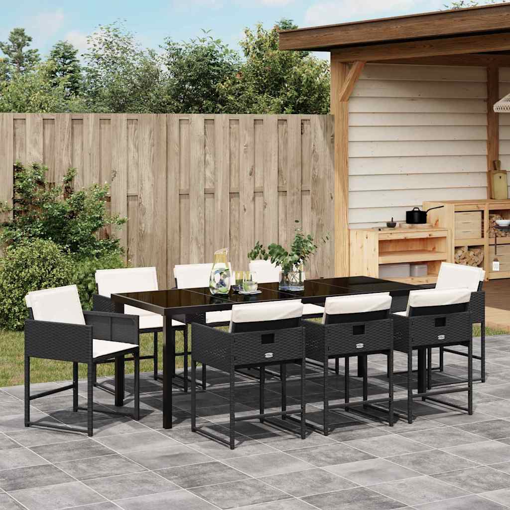 Tuin eettafelset met kussen 9 pcs Zwart poly rattan is nu te koop bij PeponiXL, paradijselijk wonen!