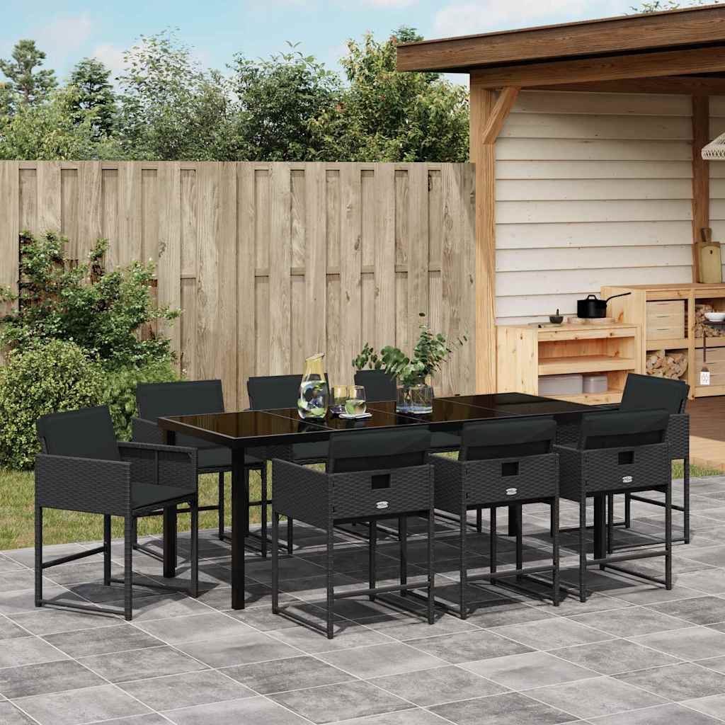 Tuin eettafelset met kussen 9 pcs Zwart poly rattan is nu te koop bij PeponiXL, paradijselijk wonen!