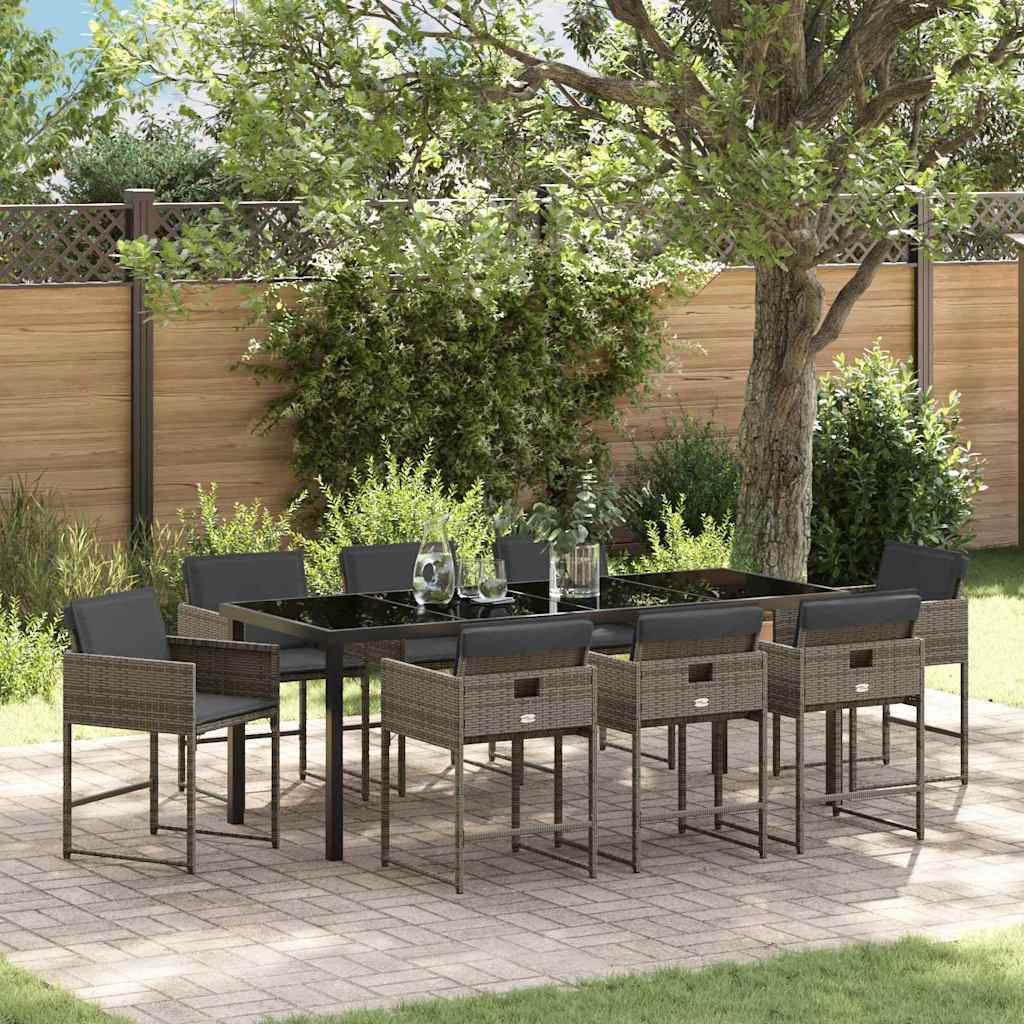 Tuin eettafelset met kussen 9 pcs Grijs poly rattan is nu te koop bij PeponiXL, paradijselijk wonen!
