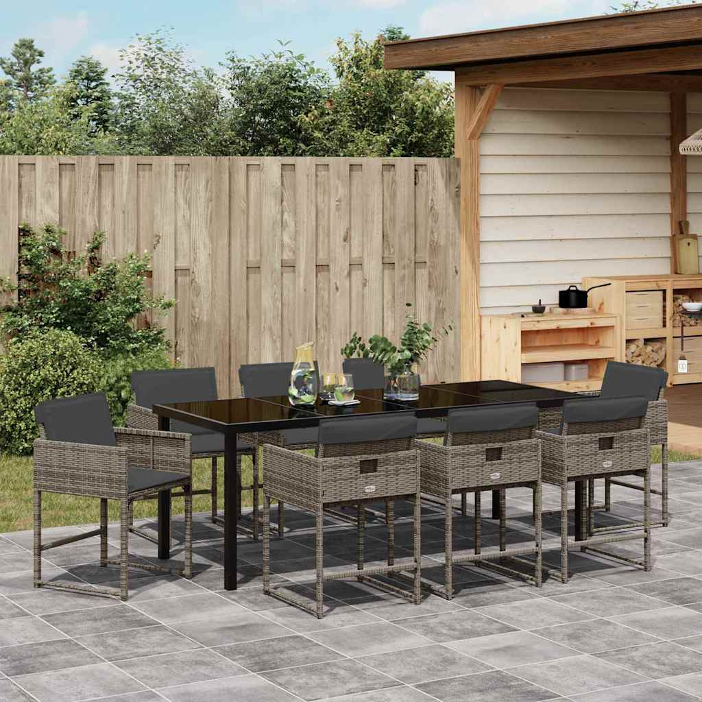 Tuin eettafelset met kussen 9 pcs Grijs poly rattan is nu te koop bij PeponiXL, paradijselijk wonen!