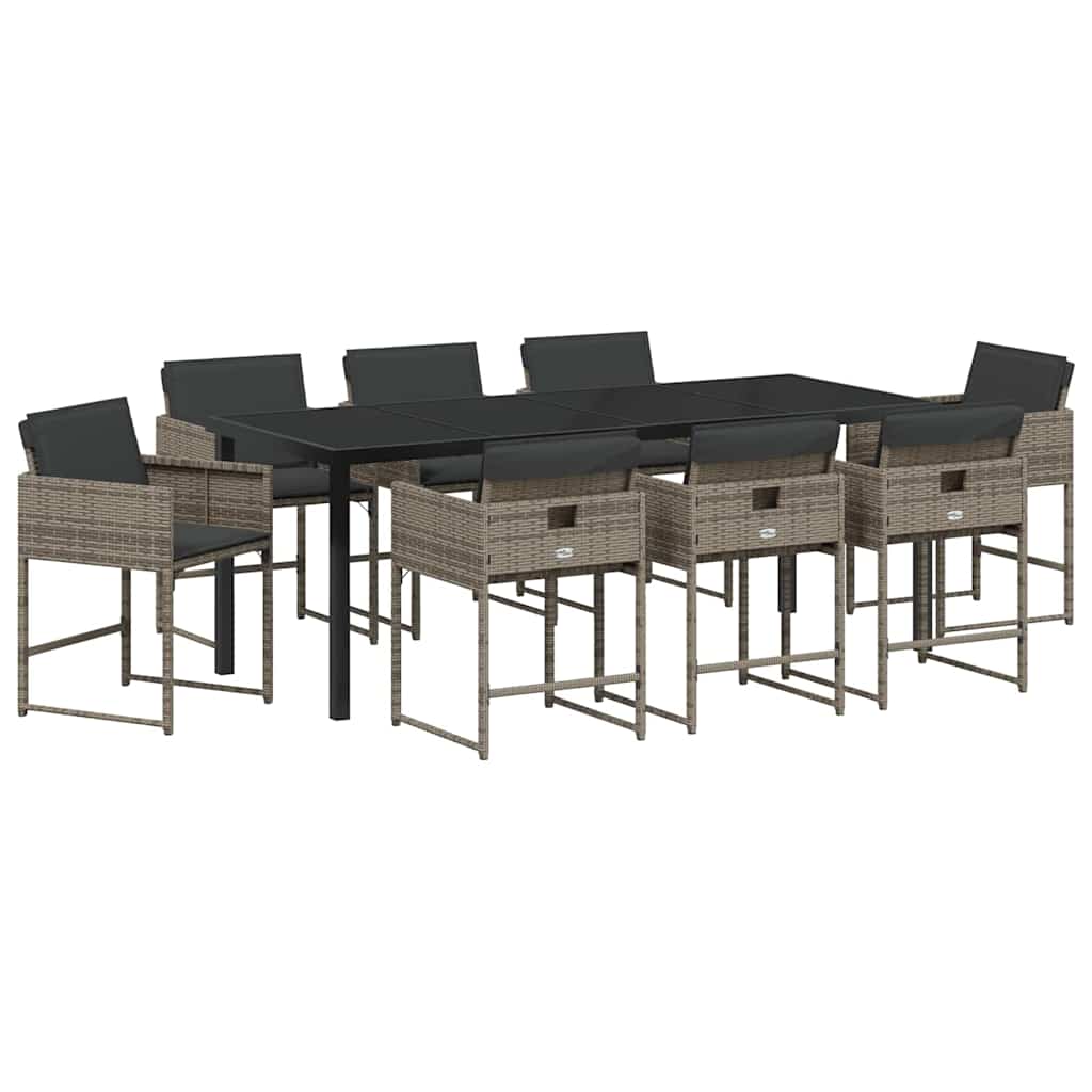 Tuin eettafelset met kussen 9 pcs Grijs poly rattan is nu te koop bij PeponiXL, paradijselijk wonen!
