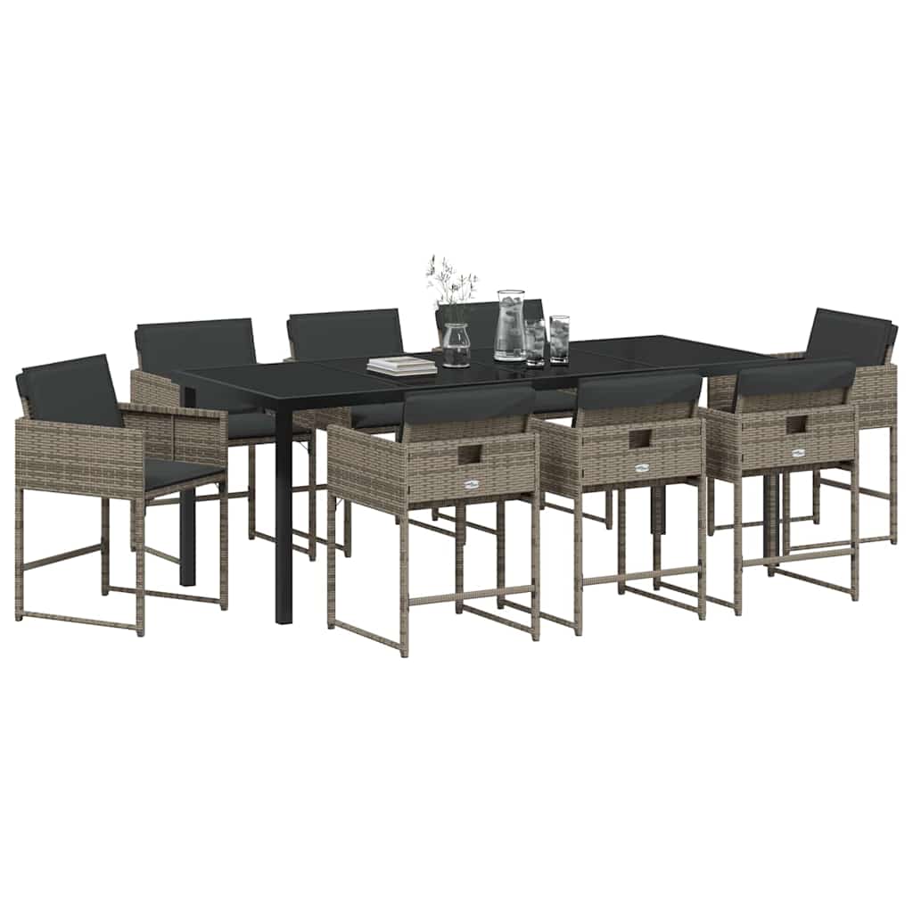 Tuin eettafelset met kussen 9 pcs Grijs poly rattan is nu te koop bij PeponiXL, paradijselijk wonen!