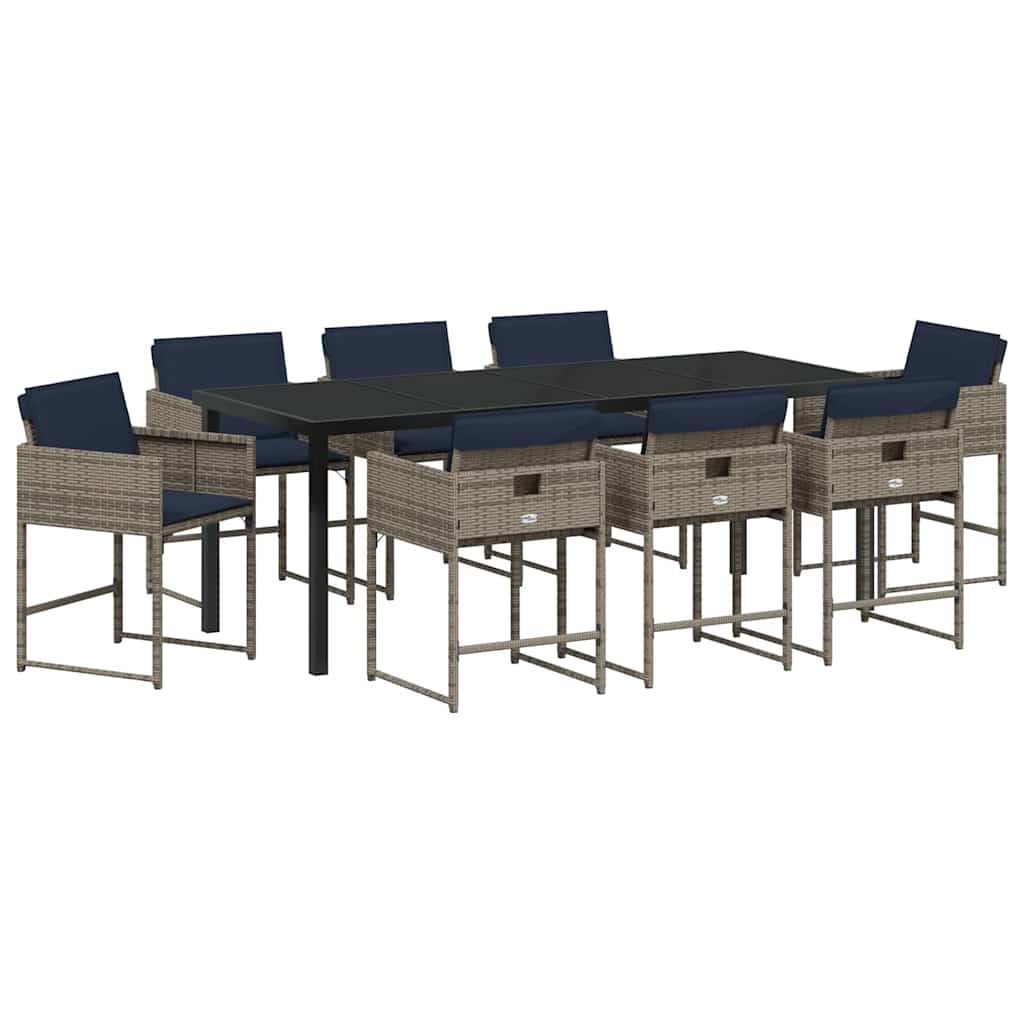 Tuin eettafelset met kussen 9 pcs Grijs poly rattan is nu te koop bij PeponiXL, paradijselijk wonen!
