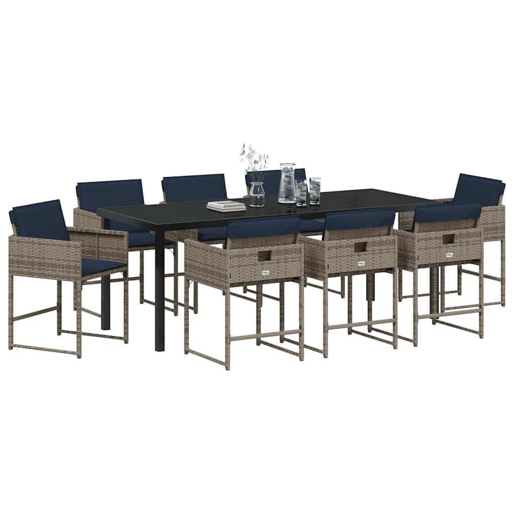 Tuin eettafelset met kussen 9 pcs Grijs poly rattan is nu te koop bij PeponiXL, paradijselijk wonen!