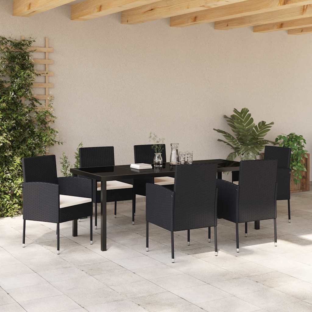 Tuin eettafelset met kussen 7 pcs Zwart poly rattan is nu te koop bij PeponiXL, paradijselijk wonen!