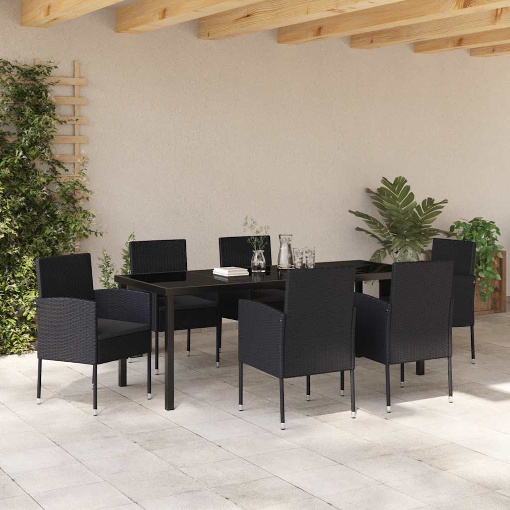 Tuin eettafelset met kussen 7 pcs Zwart poly rattan is nu te koop bij PeponiXL, paradijselijk wonen!