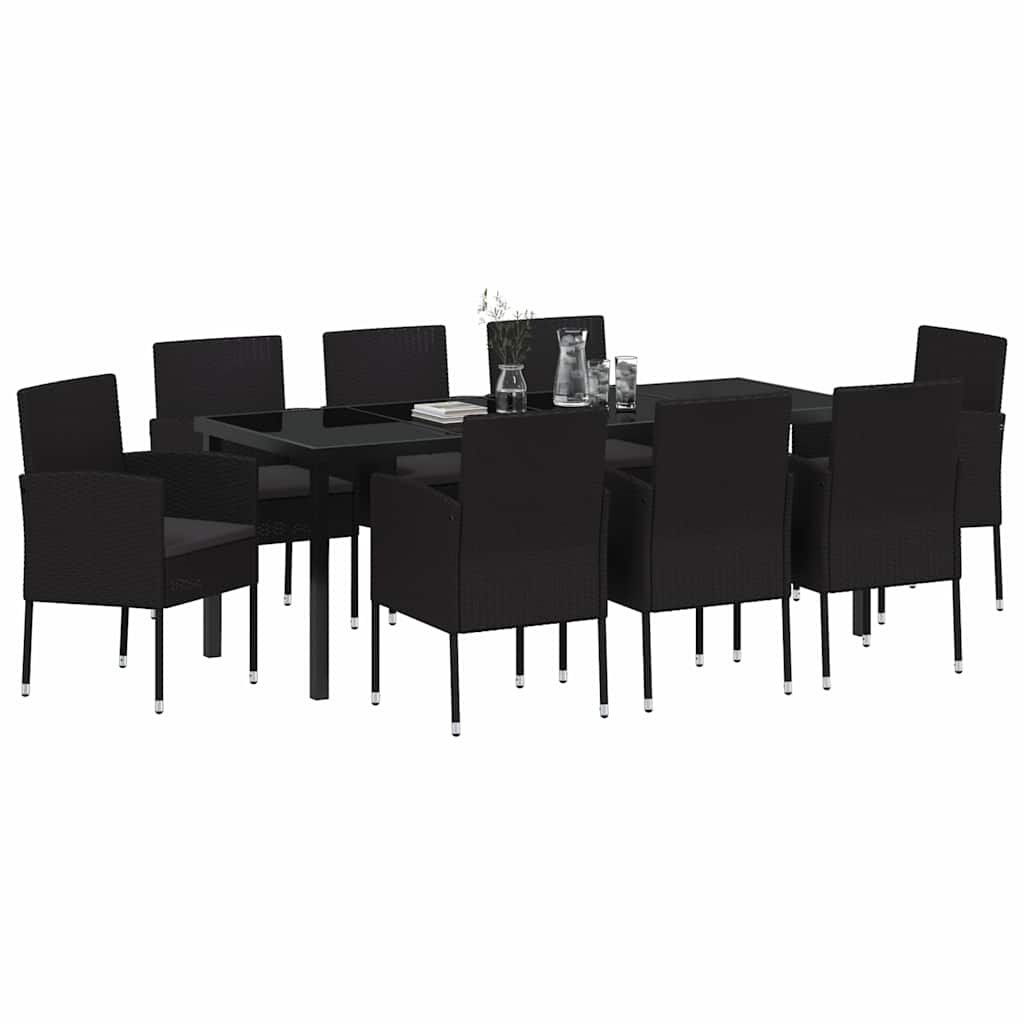 Tuin eettafelset met kussen 9 pcs Zwart poly rattan is nu te koop bij PeponiXL, paradijselijk wonen!