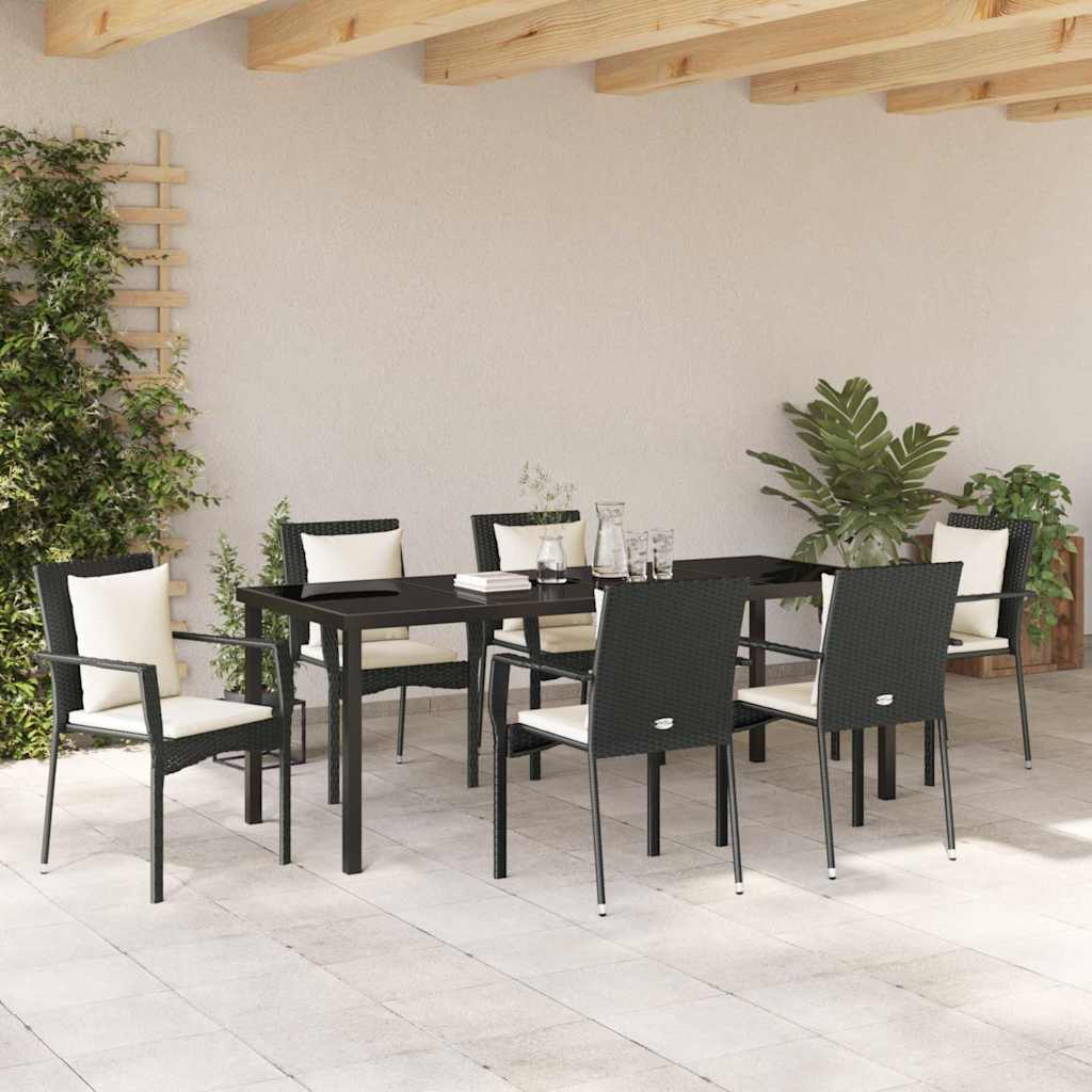 Tuin eettafelset met kussen 7 pcs Zwart poly rattan is nu te koop bij PeponiXL, paradijselijk wonen!