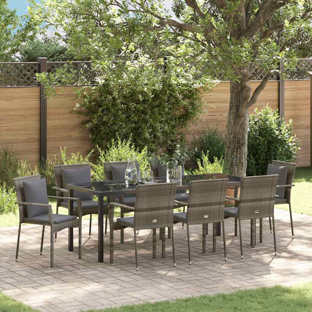 Tuin eettafelset met kussen 9 pcs Grijs poly rattan is nu te koop bij PeponiXL, paradijselijk wonen!