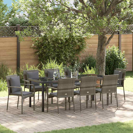 Tuin eettafelset met kussen 9 pcs Grijs poly rattan is nu te koop bij PeponiXL, paradijselijk wonen!