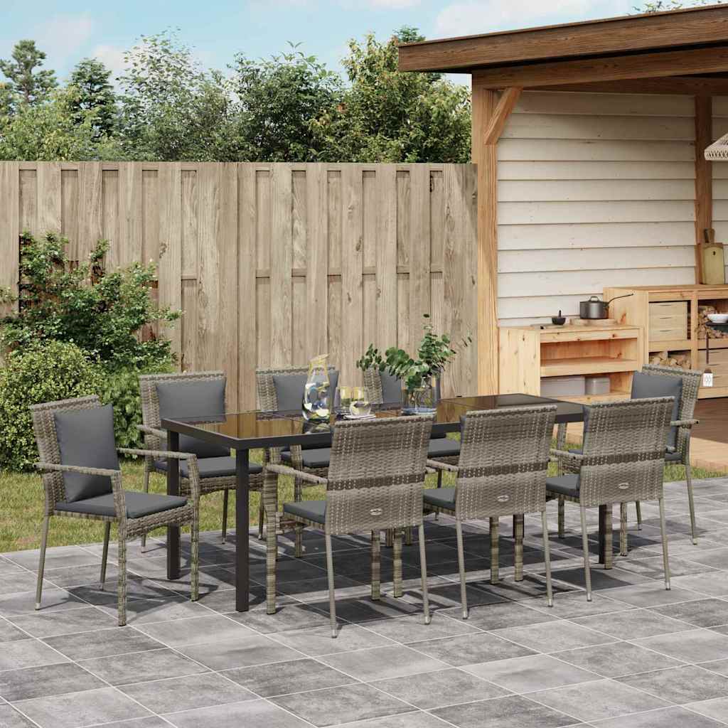 Tuin eettafelset met kussen 9 pcs Grijs poly rattan is nu te koop bij PeponiXL, paradijselijk wonen!
