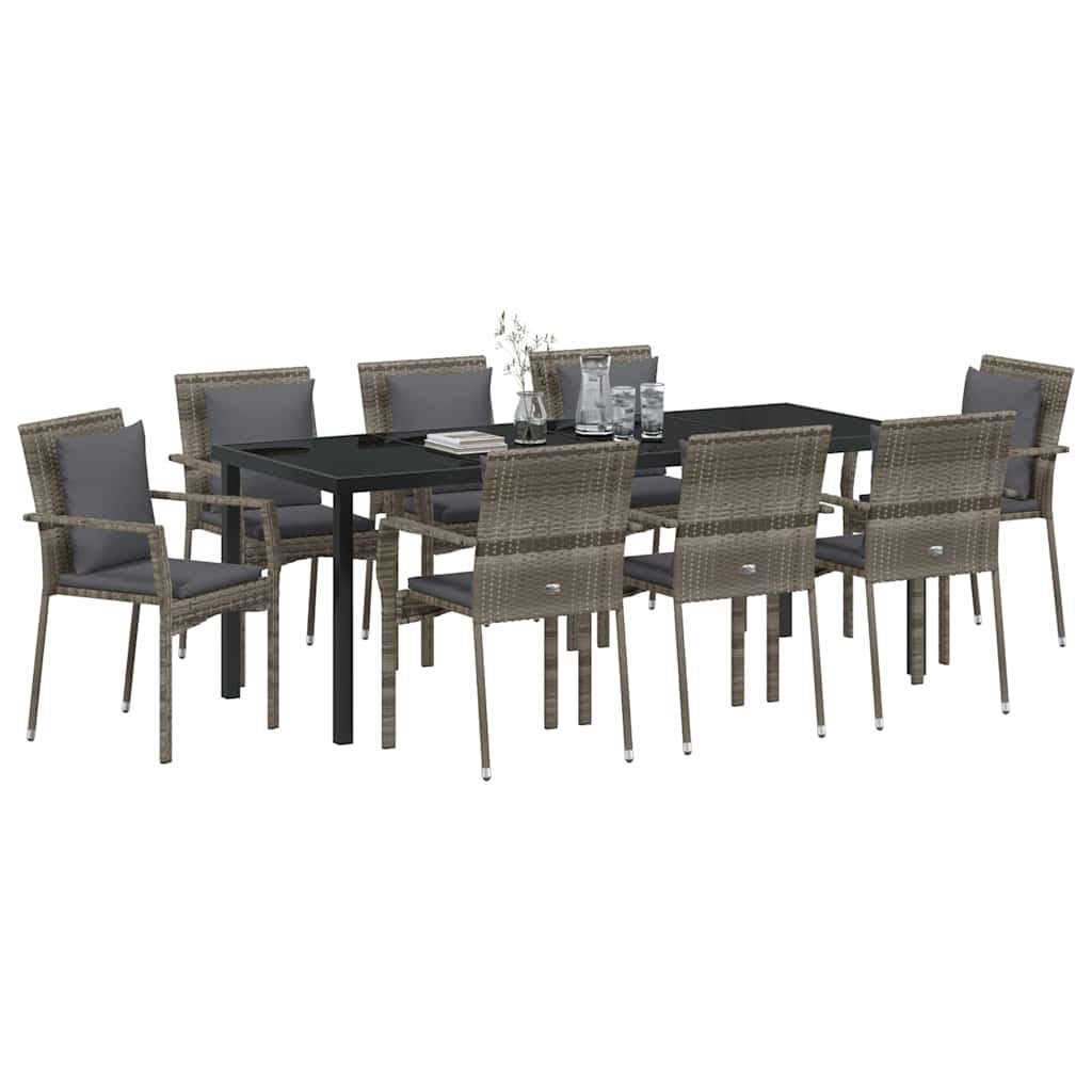 Tuin eettafelset met kussen 9 pcs Grijs poly rattan is nu te koop bij PeponiXL, paradijselijk wonen!
