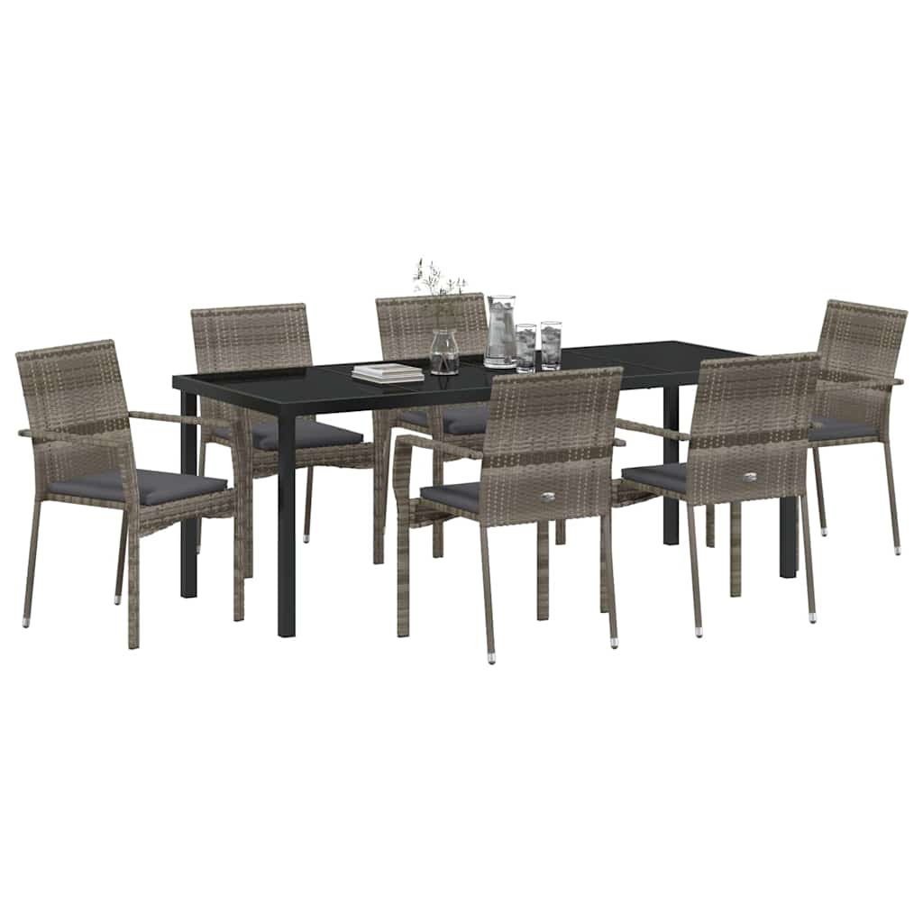 Tuin eettafelset met kussen 7 pcs Grijs poly rattan is nu te koop bij PeponiXL, paradijselijk wonen!