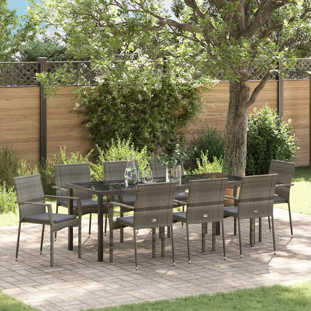 Tuin eettafelset met kussen 9 pcs Grijs poly rattan is nu te koop bij PeponiXL, paradijselijk wonen!