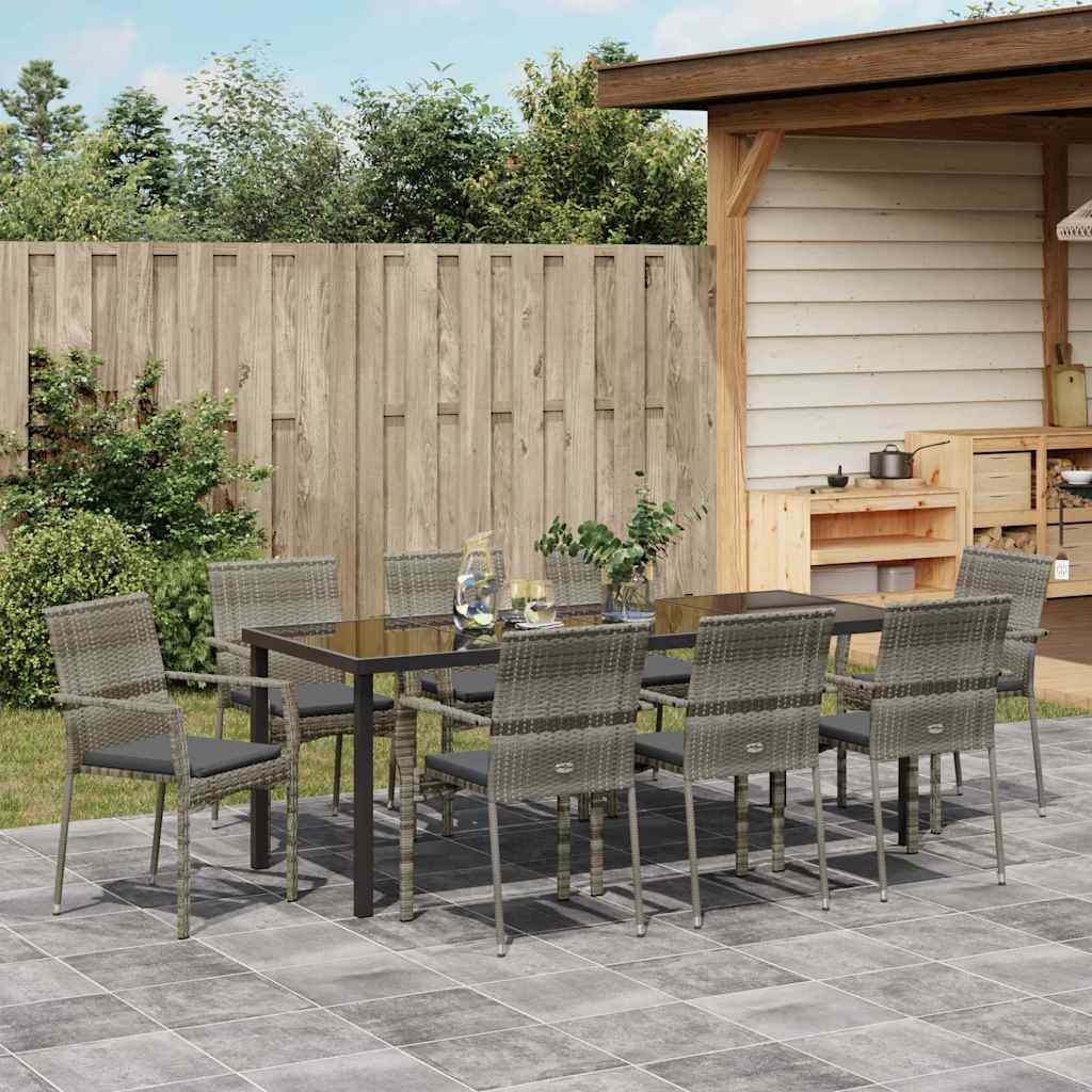 Tuin eettafelset met kussen 9 pcs Grijs poly rattan is nu te koop bij PeponiXL, paradijselijk wonen!