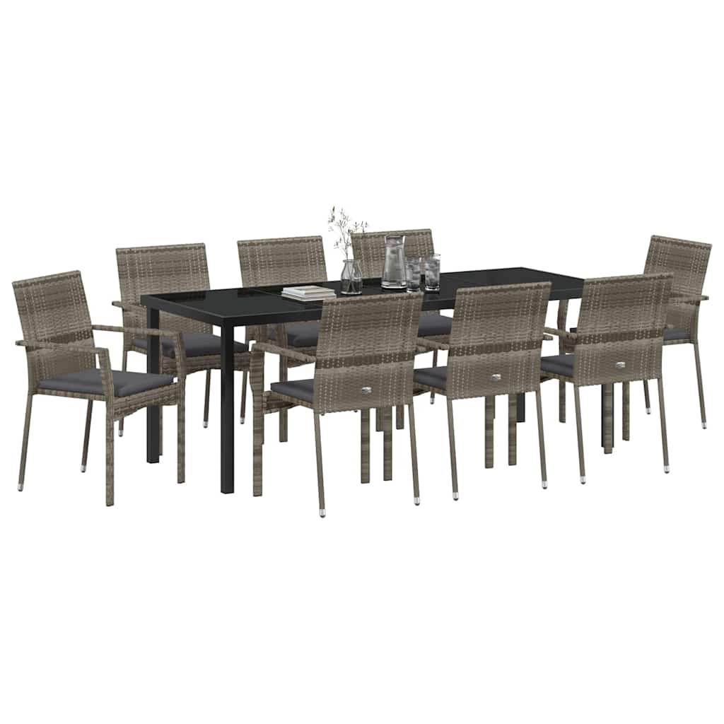 Tuin eettafelset met kussen 9 pcs Grijs poly rattan is nu te koop bij PeponiXL, paradijselijk wonen!