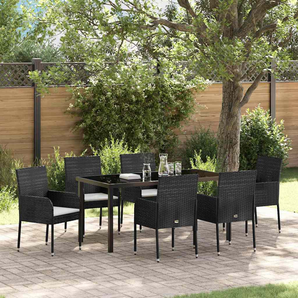 Tuin eettafelset met kussen 7 pcs Zwart poly rattan is nu te koop bij PeponiXL, paradijselijk wonen!