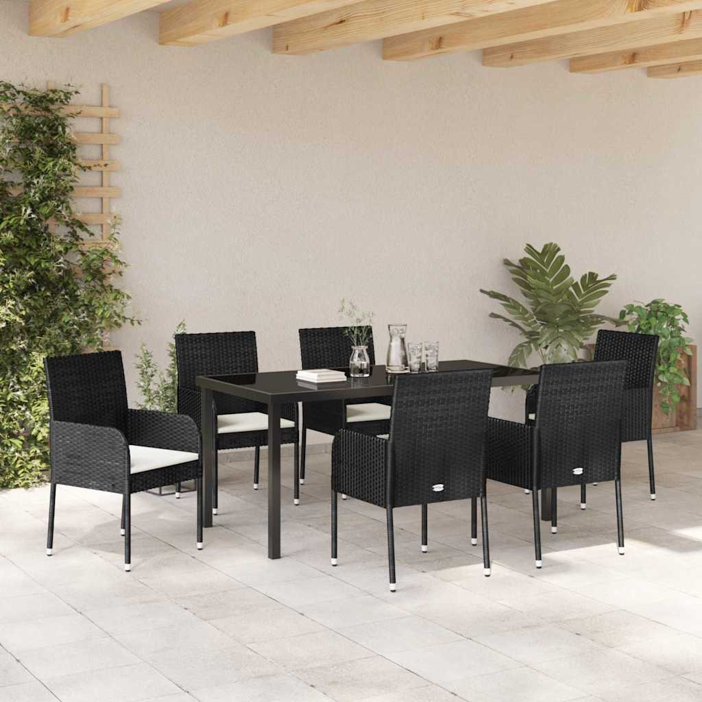 Tuin eettafelset met kussen 7 pcs Zwart poly rattan is nu te koop bij PeponiXL, paradijselijk wonen!