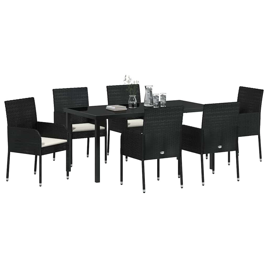 Tuin eettafelset met kussen 7 pcs Zwart poly rattan is nu te koop bij PeponiXL, paradijselijk wonen!