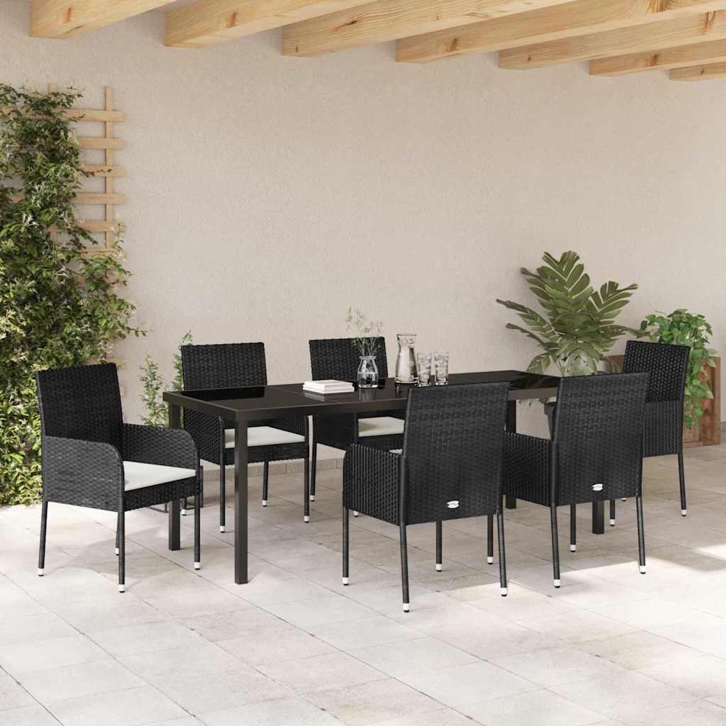Tuin eettafelset met kussen 7 pcs Zwart poly rattan is nu te koop bij PeponiXL, paradijselijk wonen!